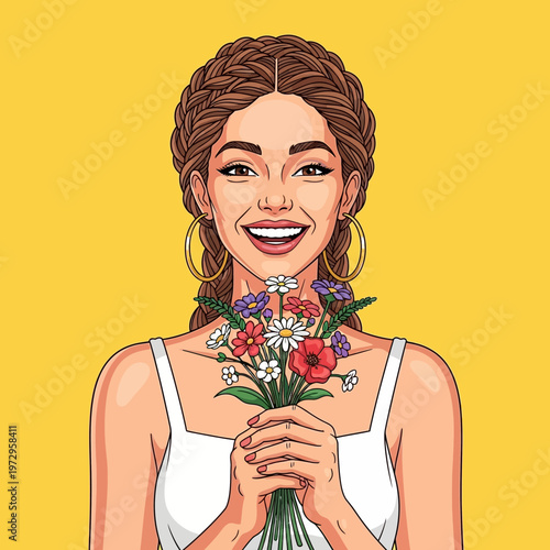 Woman Holding Flowers Smiling Joyfully.