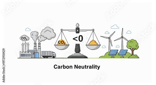 A vector illustration labeled carbon neutrality features a balance scale weighing carbon emissions against green leaves next to a factory.