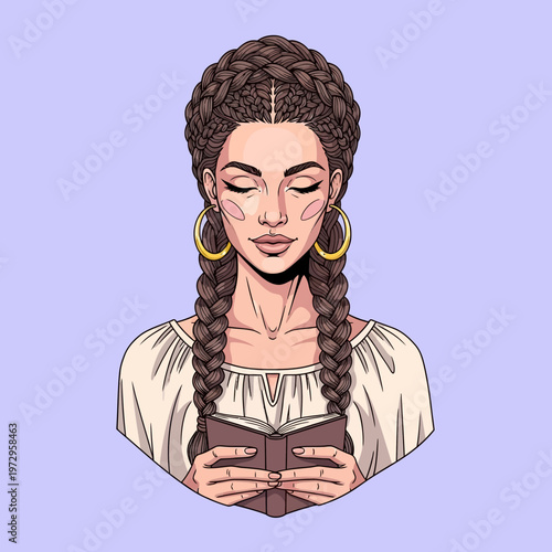 Woman reading book with braided hair.