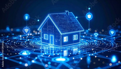 Digital depiction of a house surrounded by interconnected glowing nodes and lines, illustrating smart home technology and networks
