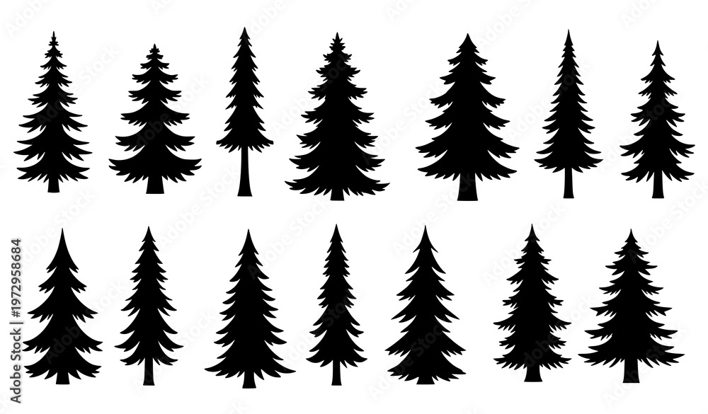 Obraz premium Stylized pine and spruce tree silhouettes with varied evergreen shapes in modern vector design