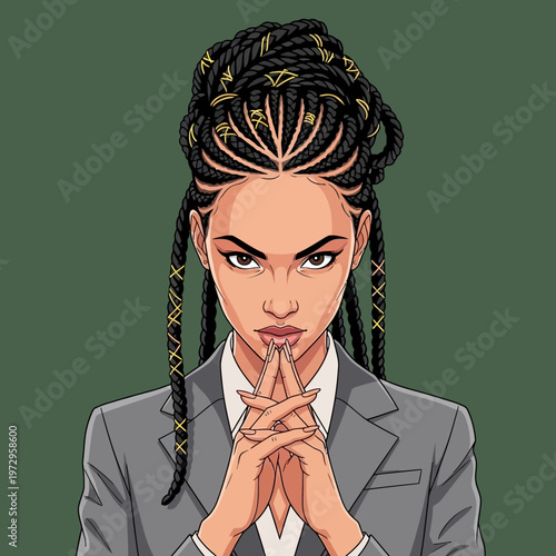 Woman with braided hairstyle in suit.