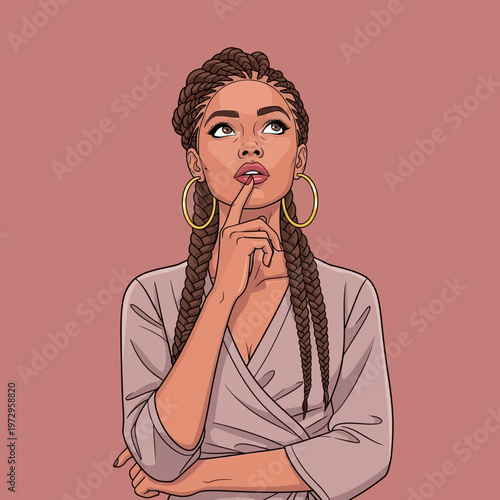 Woman with braids thinking deeply.