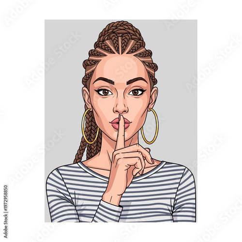 Woman with finger on lips gesture.