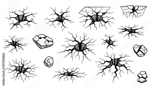 A set of black and white vector illustrations of cracked stones and rocks