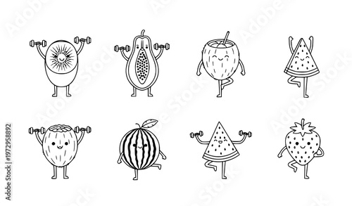 A vector graphic illustration of cartoon fruits exercising with dumbbells