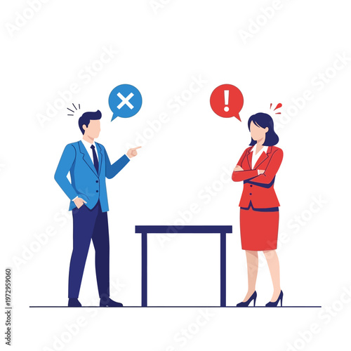 Business conflict: Man and woman arguing with signs of disagreement and warning
