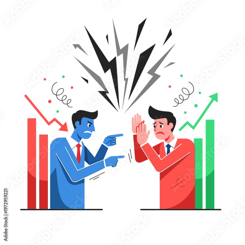 Business conflict: two men arguing with falling and rising graphs, symbolizing dispute