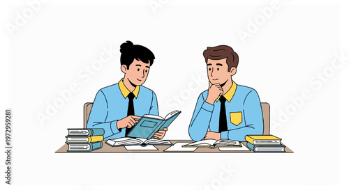 Two students wearing blue shirts and black ties sit at a wooden desk with piles of books while one student points to an open textbook.