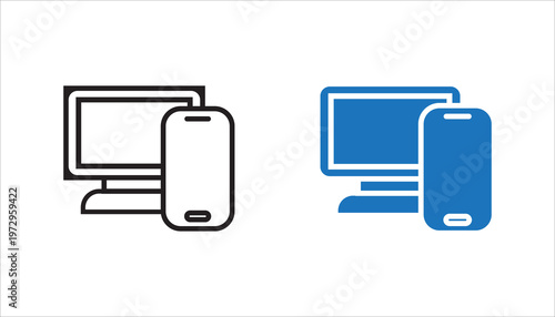 Responsive design with desktop monitor and mobile smartphone line icon. Outline symbol representing cross-platform compatibility, web design, and digital devices.