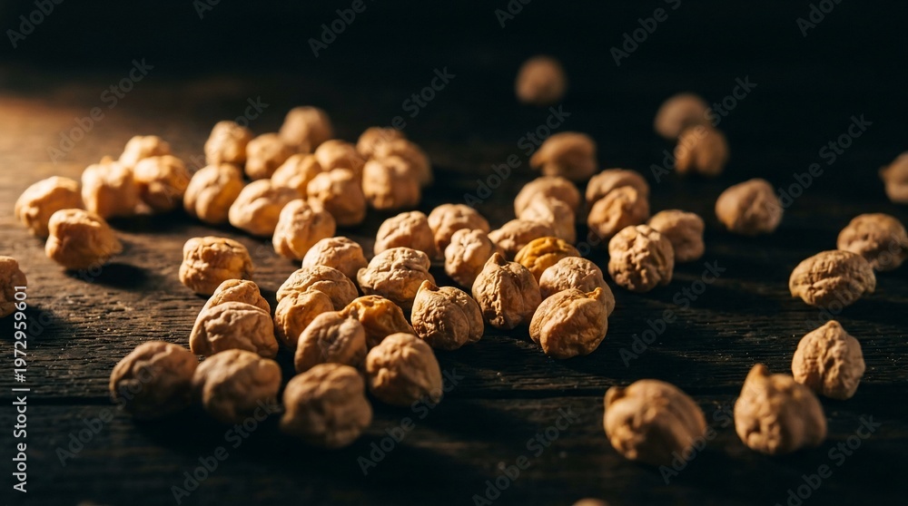 Obraz premium Close-up of dried chickpeas scattered on a dark wooden surface with warm lighting.
