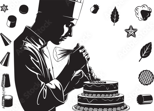 Black silhouette chef decorating cake with icing and pastry tips