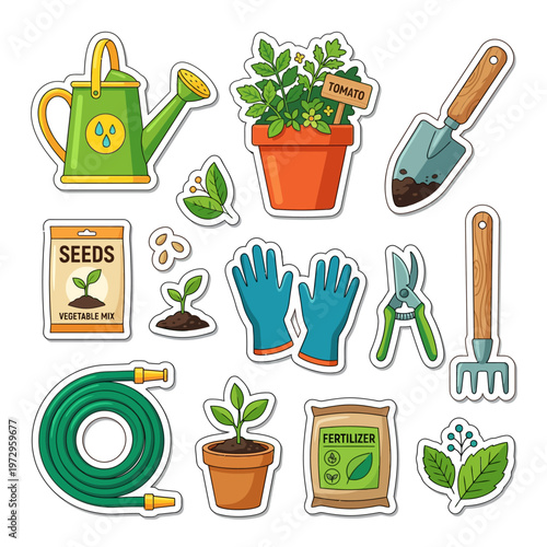 Gardening tools and plant care icons.