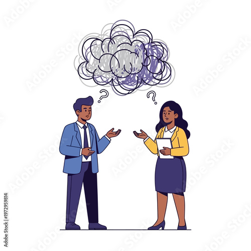 Confused colleagues discussing a complex problem with question marks and a thought bubble