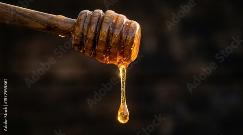 Close-up of golden honey dripping from a wooden dipper against a dark background.