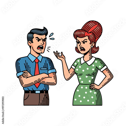 Couple Arguing Retro Style, Man And Woman Disagreement, Vintage Illustration
