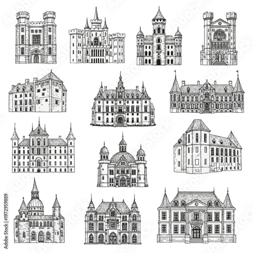 Collection of twelve hand-drawn architectural sketches depicting diverse European castles, medieval fortresses, royal chateaus, and historic palaces with spires and towers.