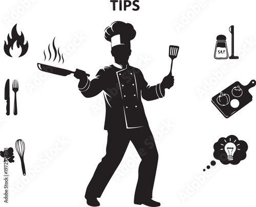 Black silhouette chef holding spatula and pan surrounded by cooking
