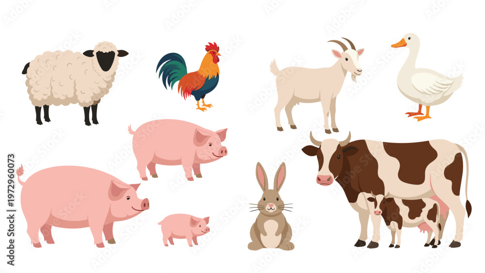 Fototapeta premium Collection of various farm animals including pigs, sheep, rooster, goat, goose, rabbit, and a cow with her calf.