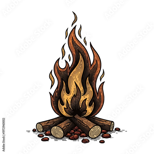 Hand-drawn woodcut style bonfire illustration featuring burning firewood logs and stylized orange flames with hatching details, isolated on a white background.