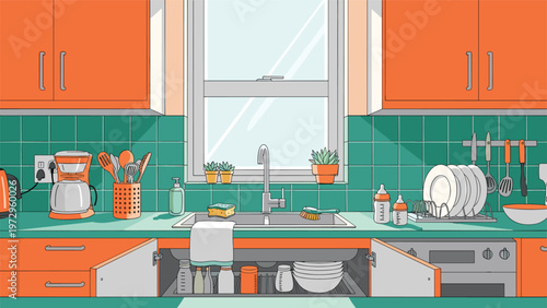 Detailed kitchen countertop view shows a modern sink with various utensils, a coffee maker, and cleaning supplies.