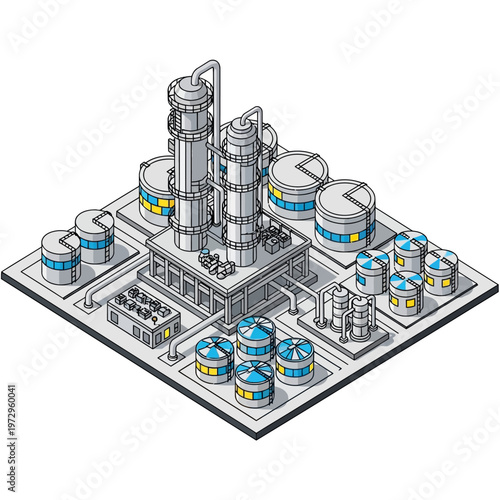 Isometric Industrial Chemical Plant with Storage Tanks and Towers.