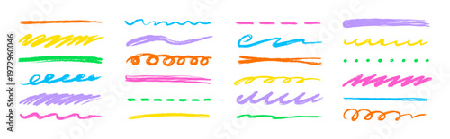 Line color brush crayon set. Underline brush crayon hand drawn pencil pen stroke marker color..Kid children doodle scribble wavy squiggle highlight texture grunge background. Vector illustration.