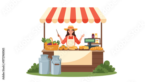 Local female farmer selling fresh organic vegetables, milk, artisan cheese, and crusty bread at a rustic outdoor market stall.