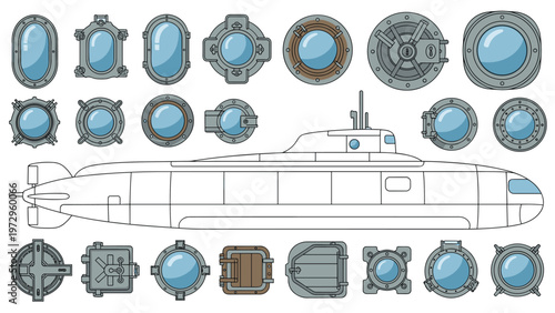 Illustration of a modern submarine is accompanied by a collection of various nautical portholes and hatch designs.