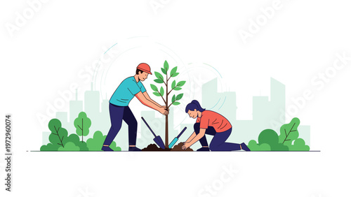 Volunteers planting a young tree together in an urban park environment to improve the city landscape and local air quality.
