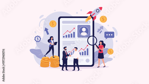 Professional business team analyzing financial data on a digital tablet with growth charts, success symbols, and rocket icons.