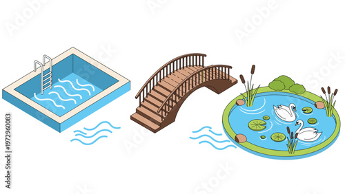 Landscape design elements featuring a swimming pool, a wooden garden bridge, and a peaceful pond with graceful white swans.