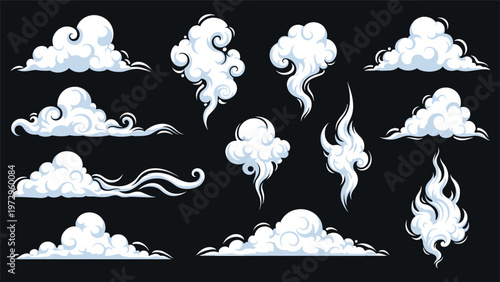 Set of stylized pixel art clouds and smoke plumes of various shapes and sizes isolated on a dark background for game design.
