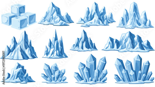 Collection of ice elements including frozen cubes, sharp mountains, and crystal formations in various blue tones and shapes.