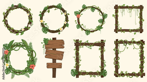 Selection of rustic wooden frames and signs decorated with green jungle vines, tropical leaves, and small flowers for nature themed designs.