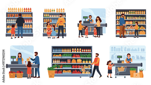 People shopping in a supermarket showing customers with grocery carts and cashiers at checkout counters in a flat illustration style.
