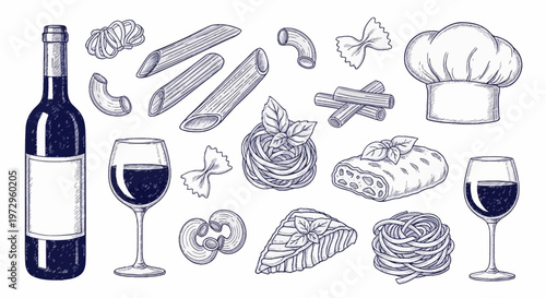 Hand-drawn blue ink sketches of Italian pasta varieties like penne and farfalle, including red wine bottle, glasses, chef hat, lasagna, and basil leaves on a white background.