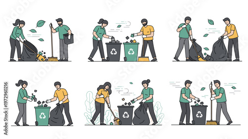 Group of people practicing waste management by collecting and sorting various types of trash into colorful recycling bins for ecology.