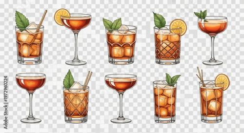 Set of ten various alcoholic cocktail illustrations featuring Manhattan and Old Fashioned drinks with ice, mint, orange wheels, and straws in coupe and rocks glasses on transparent background.