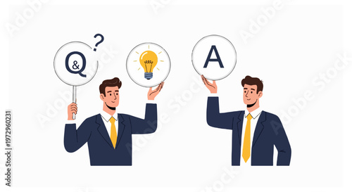 Two businessmen holding Q and A signs on white background.