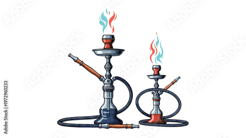 Two traditional hookahs of different sizes with colored smoke rising from the bowls against a plain white background for lounge concept.
