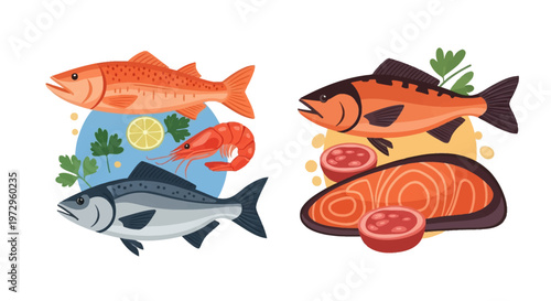 Vector collection of seafood illustrations featuring whole salmon, sea bass, and trout along with a shrimp, fresh salmon fillet steak, lemon slice, and parsley garnish.