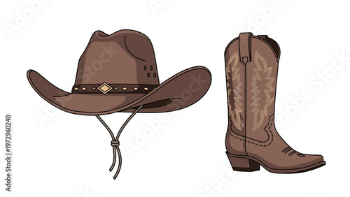 Classic western accessories featuring a brown wide brimmed cowboy hat with a decorative band and a matching leather boot with stitching.