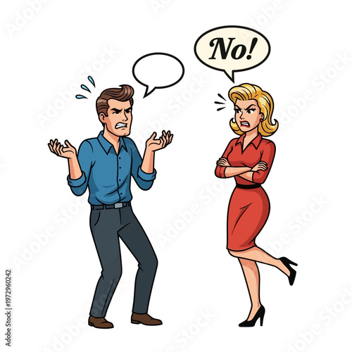 Couple arguing, man confused, woman saying no, conflict, disagreement, illustration