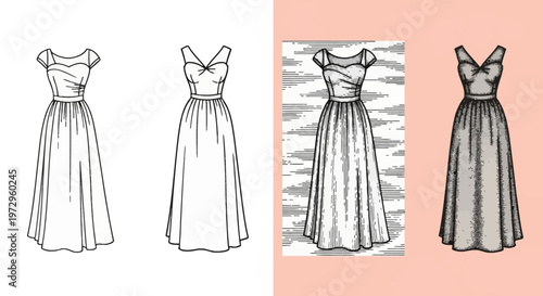 Set of four elegant floor-length evening gown illustrations featuring diverse artistic styles such as minimalist line art, bold outlines, woodcut engraving, and stippling pointillism effects.