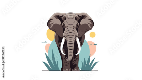 Majestic african elephant illustration shown from the front with large tusks and ears against a background of simplified nature elements.