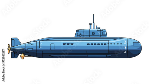 Detailed illustration of a modern blue submarine designed for underwater exploration and military operations on a white background.
