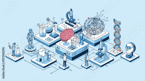 Isometric laboratory concept featuring artificial intelligence, robotics, DNA research, and scientific tools for modern tech innovations.