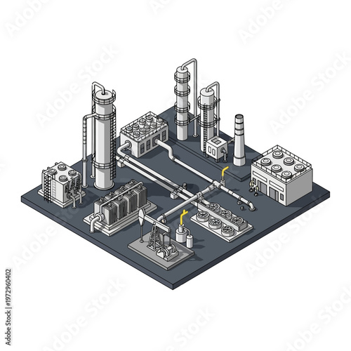 Isometric Industrial Oil Refinery Plant Complex Illustration.
