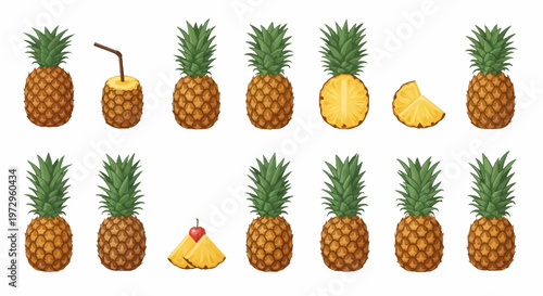 Vector icon set featuring whole pineapples, halved fruit showing inner yellow core, slices, and wedges with a cherry. Includes a pineapple beverage with a drinking straw.